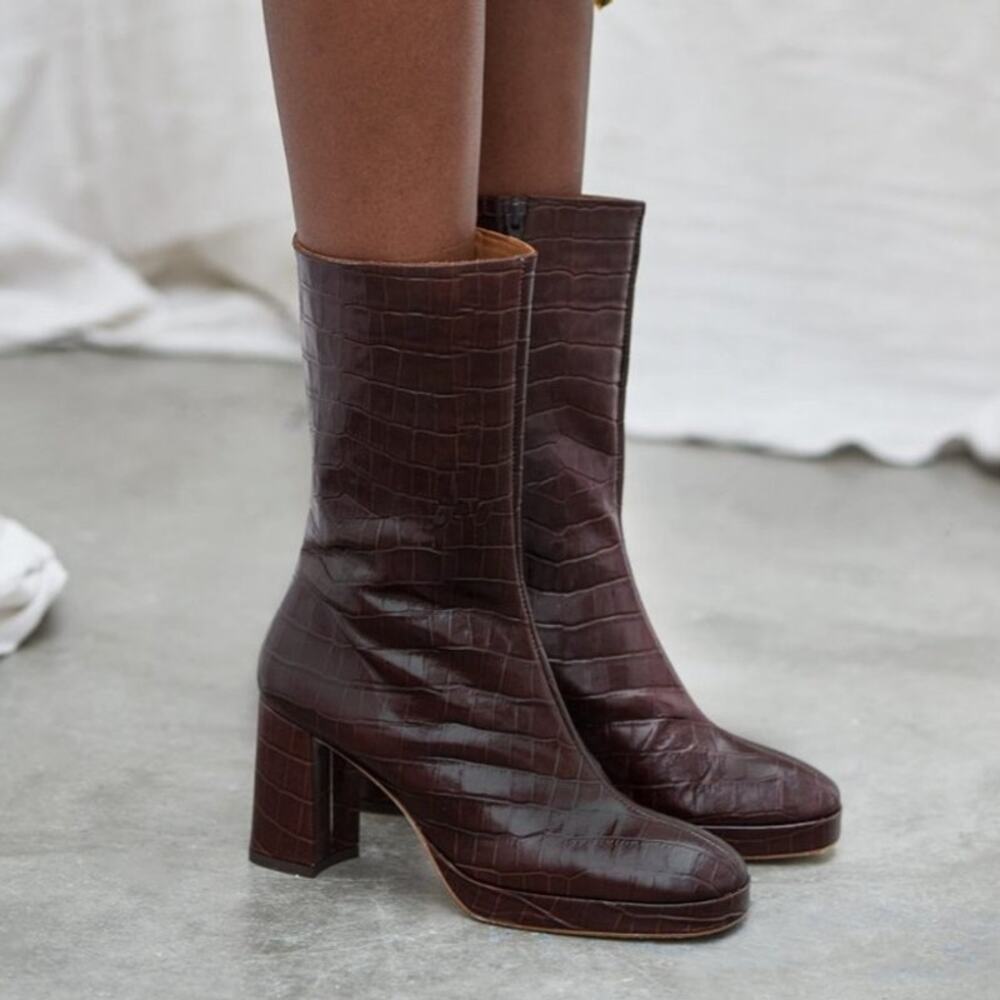 Miista Carlota Mahogany Croc Ankle Boots, Size 38